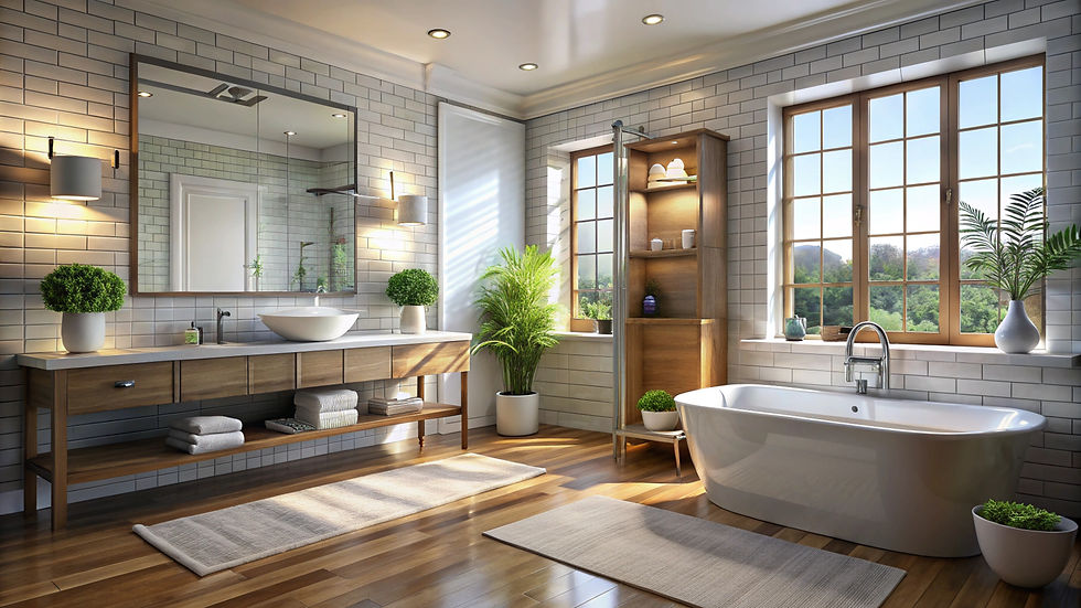 Bright and airy bathroom remodel with freestanding tub, wood accents, and natural lighting by Local Constructions in Orange County