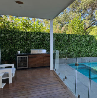 merbau timber deck poolside with artificial garden wall feature wall