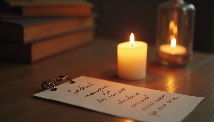 Close-up of a lit candle beside a handwritten note on a wooden table