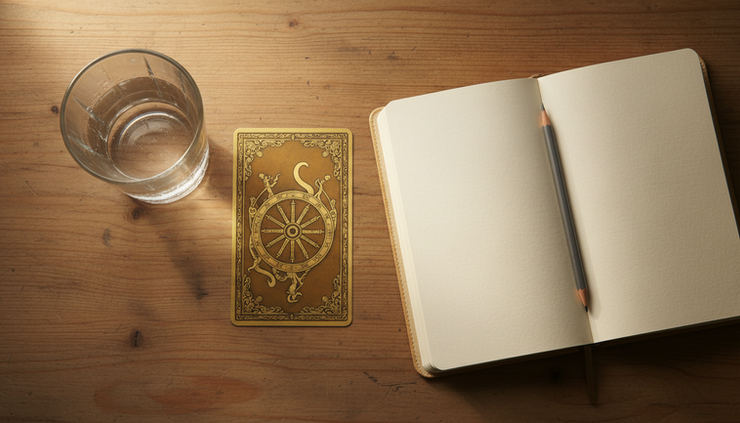 Overhead view of a tarot card beside a glass of water and a journal.