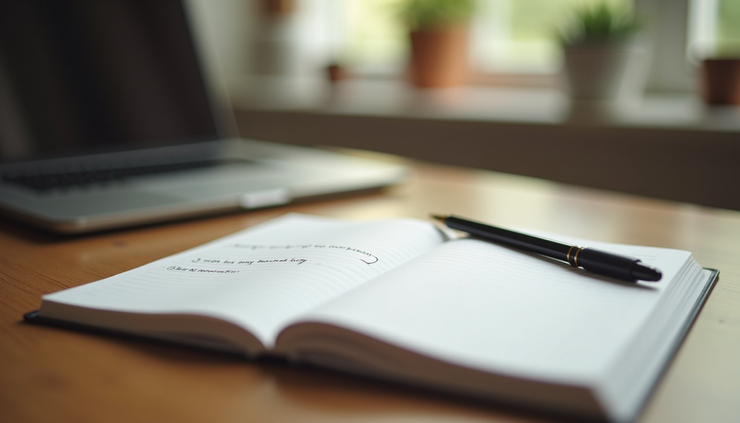 Eye-level view of a small notebook with handwritten intention and a pen on a wooden desk