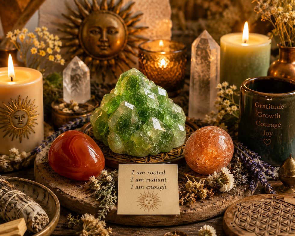 High angle view of a small crystal altar featuring adamite, carnelian, and sunstone with candles