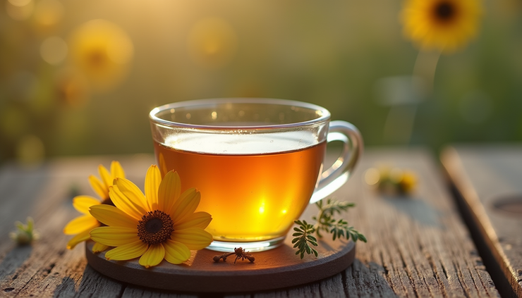 Close-up of a small cup of honey and wildflowers on a wooden table
