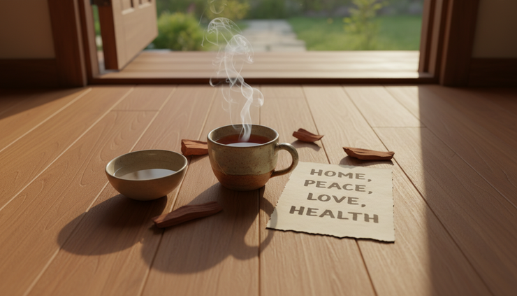 Overhead view of cedar, tea, and handwritten paper arranged for a home blessing