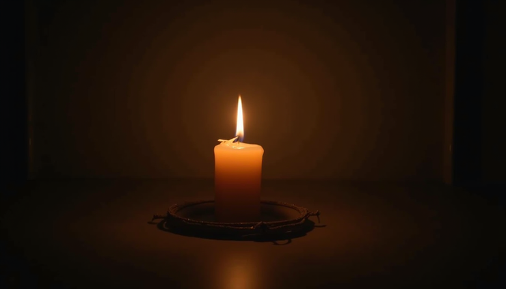 Close-up view of a softly glowing candle on a bedside table surrounded by darkness