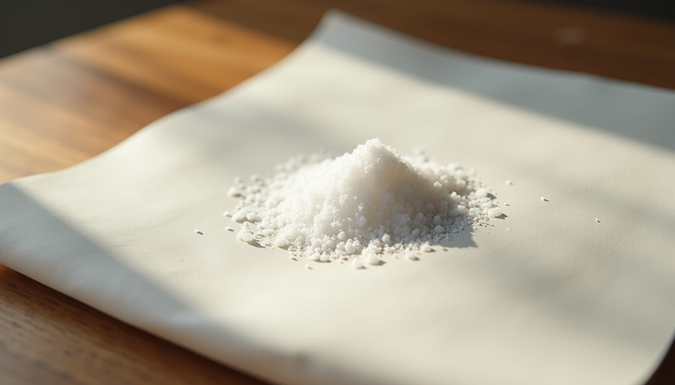 Close-up view of a folded paper with a pinch of salt on top