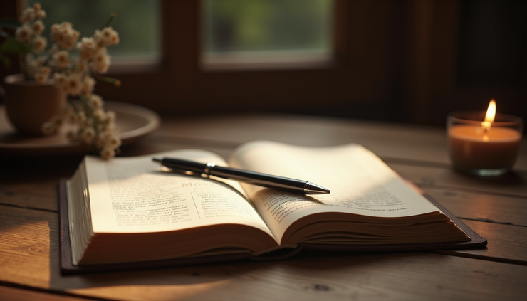 Eye-level view of a journal open with a pen resting on a wooden table