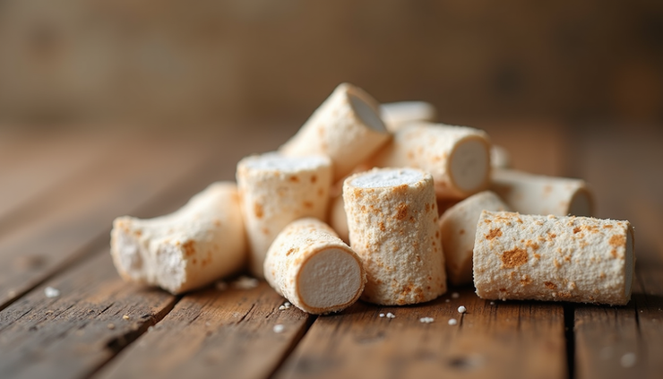 Close-up view of dried marshmallow root pieces on a wooden surface