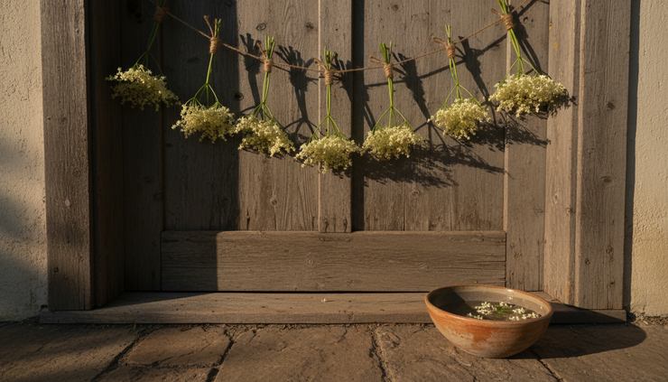 Wide-angle view of a simple doorway decorated with elderflower sprigs and a small bowl of water.
