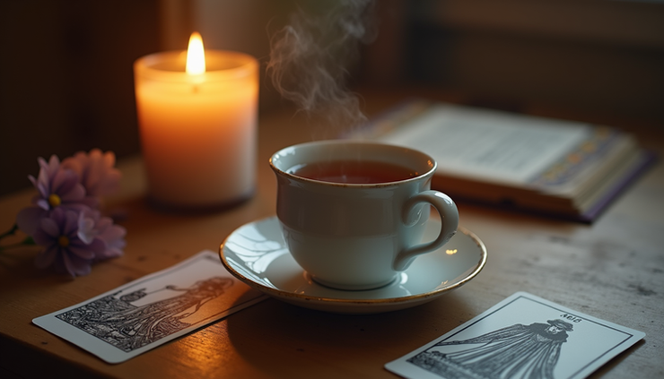 Eye-level view of a cozy tea setup with a lit candle and tarot cards beside a cup of orange cinnamon tea