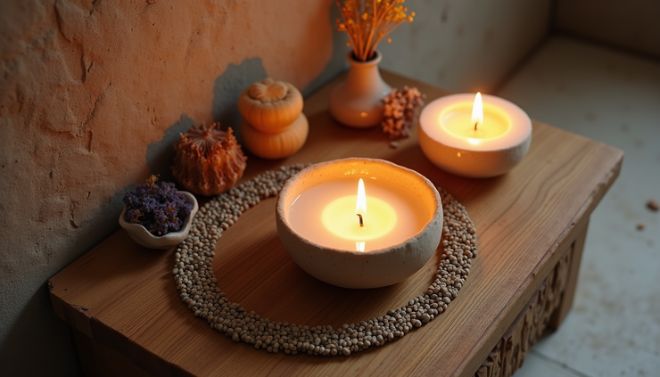 High angle view of a small altar with a candle, bowl of water, and seasonal decorations like seeds and dried flowers