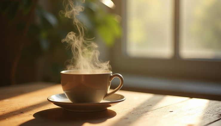 Eye-level view of a warm cup of ashwagandha tea on a cozy wooden table