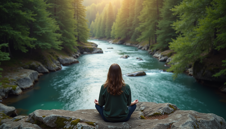 High angle view of a person sitting on a rock by a river, surrounded by trees