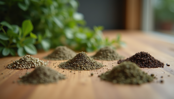 Eye-level view of dried kitchen herbs arranged in small piles on a wooden surface