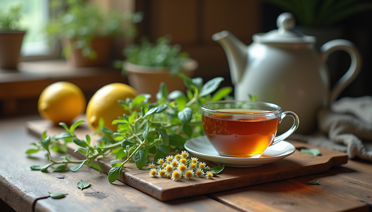 Eye-level view of a cozy herbal tea setup with lemon balm and chamomile
