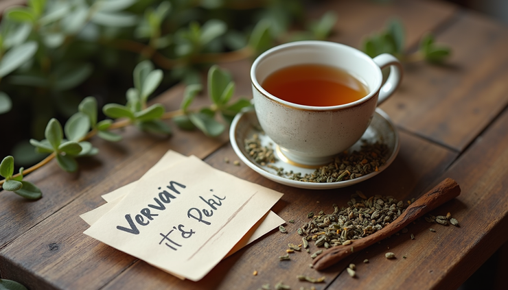 High angle view of a rustic wooden table with a cup of vervain tea, dried herbs, and a handwritten boundary note