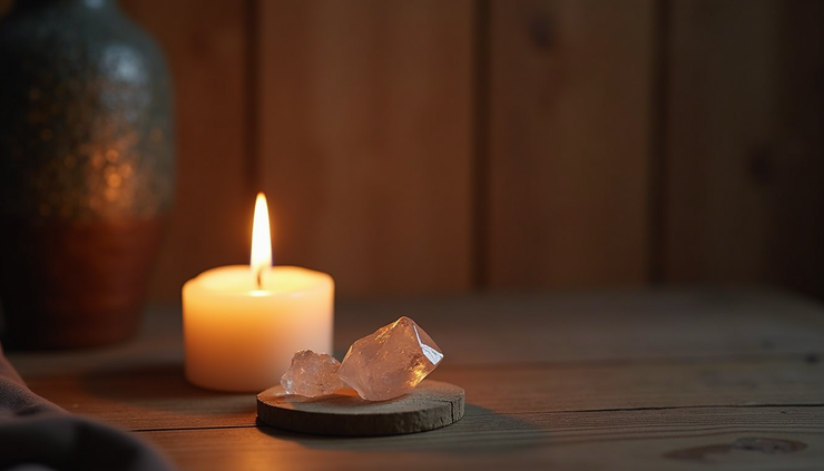 Close-up of a lit candle on a wooden altar with a single crystal beside it