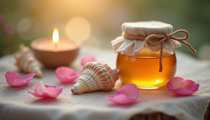 Close-up of a small altar with a seashell, honey jar, rose petals, and a lit candle