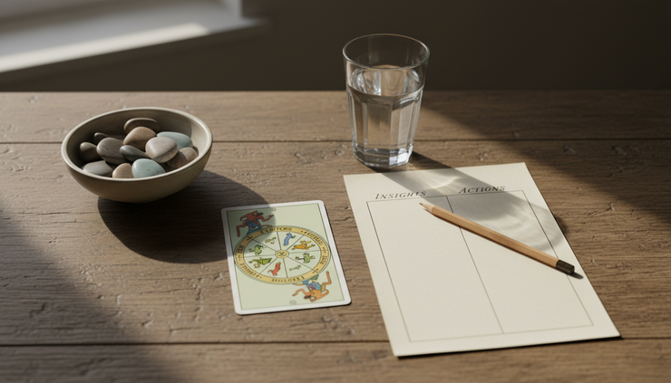 Wide-angle view of a quiet table set for a smoke-free tarot ritual.