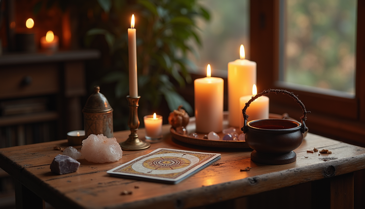 Eye-level view of a wooden altar with candles, crystals, and a small cauldron