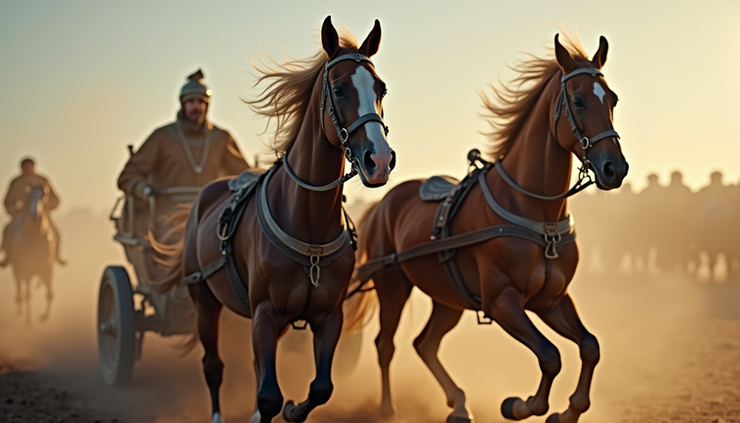 Close-up view of two horse statues pulling a chariot, symbolizing dual forces