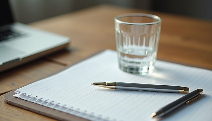 High angle view of a glass of water next to a pen and paper