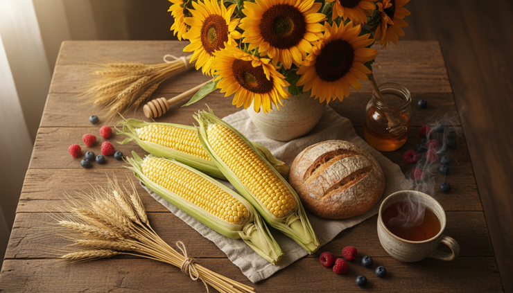 Overhead view of a late-summer table with corn, bread, sunflowers, berries, and tea.