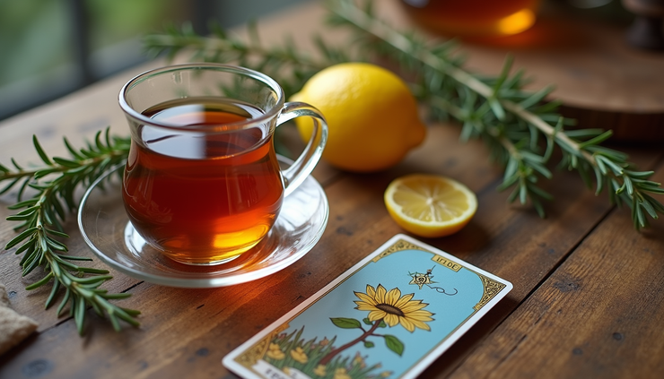High angle view of a cozy tea setup with rosemary sprigs, honey jar, lemon slice, and a tarot card