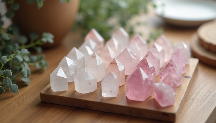 Eye-level view of a simple crystal grid with clear quartz points and rose quartz on a wooden table
