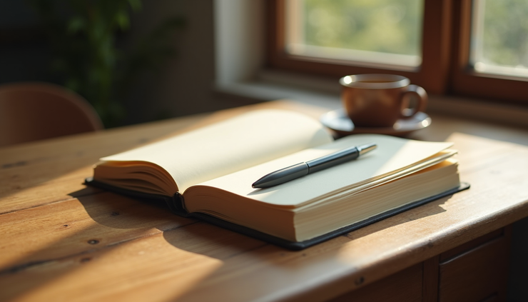Eye-level view of a journal and pen on a wooden table with soft natural light