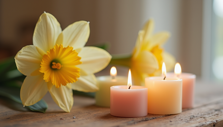 Eye-level view of a small altar with a single daffodil and pastel candles