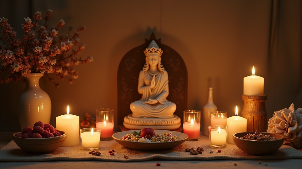 Wide angle view of a serene altar dedicated to Hecate with candles and offerings