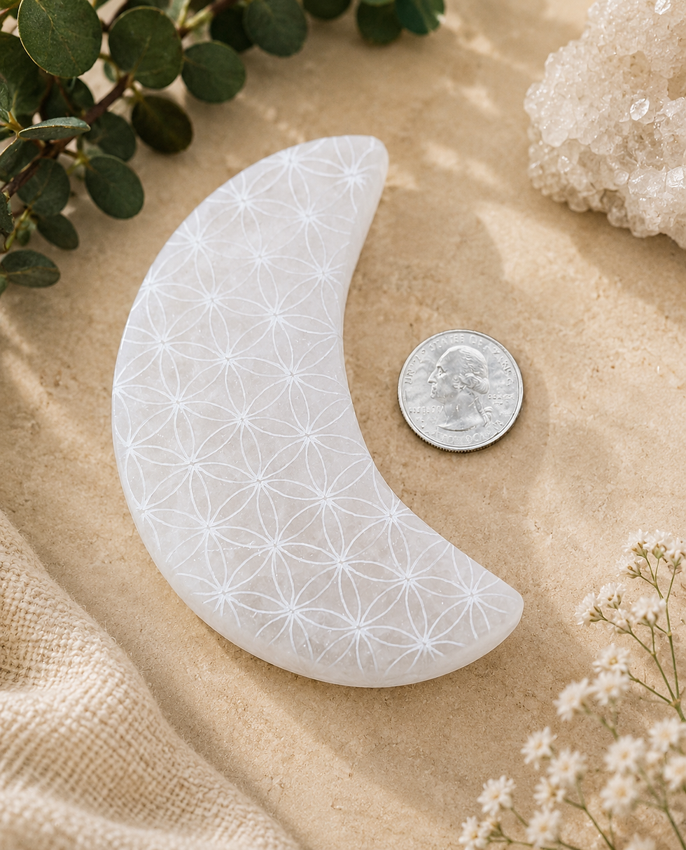Thumbnail: Selenite Moon Charging Plate (Flower of Life) — Crystal Cleansing + Recharging