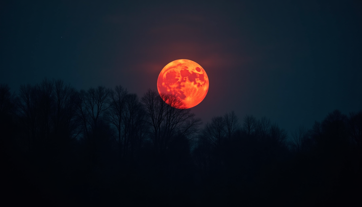 Eye-level view of a red-hued full moon rising over a quiet forest