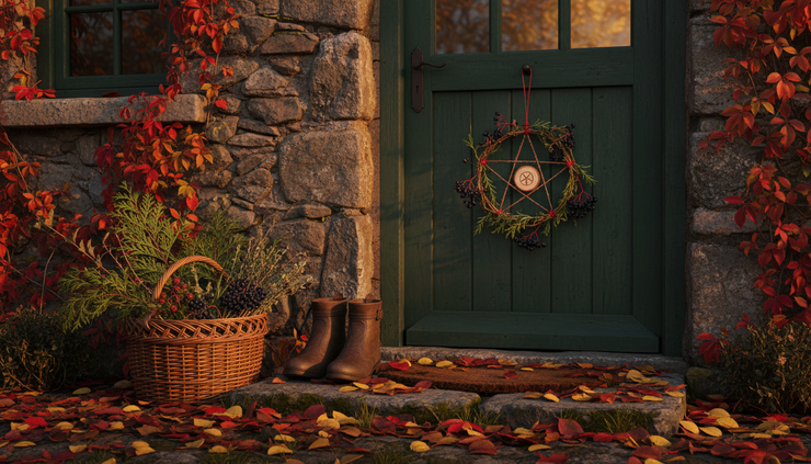 Wide-angle view of a quiet doorway decorated with autumn branches and a small protective charm.