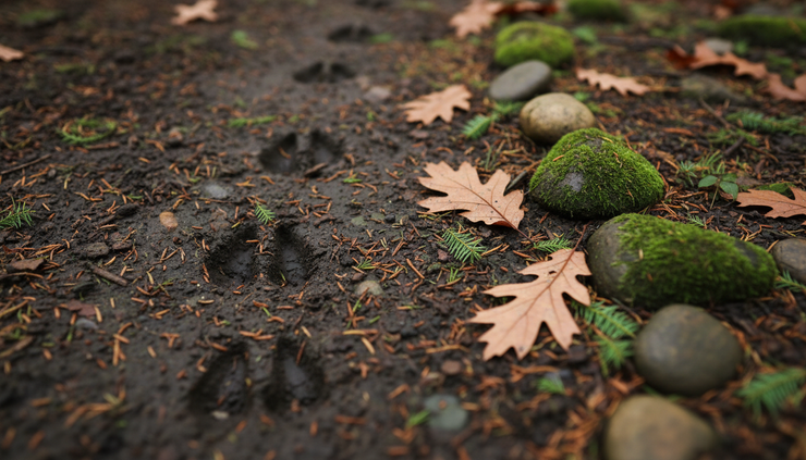 Close-up view of deer tracks in damp soil beside oak leaves and small stones.