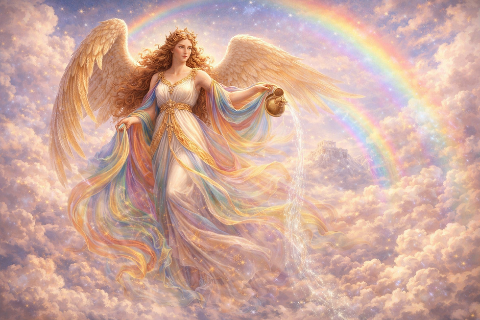 Eye-level view of a vibrant rainbow arching over a calm lake