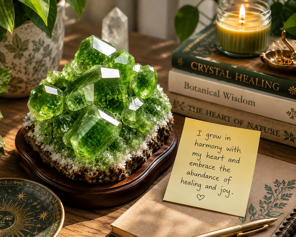 Eye-level view of adamite crystal placed on a wooden desk with a sticky note saying “I’m allowed to be seen”