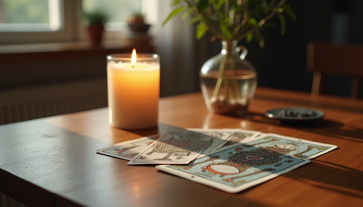 Eye-level view of a quiet meditation space with a lit candle and tarot cards arranged neatly