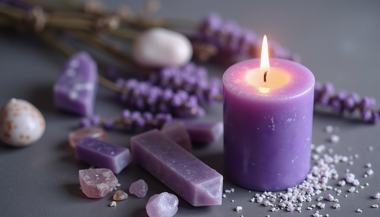 High angle view of a purple candle surrounded by dried lavender and crystals on a meditation altar
