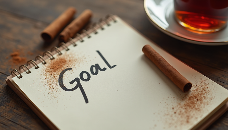 High angle view of a handwritten note with a goal, cinnamon sprinkled on the paper, and a cup of tea nearby