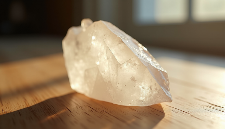 Close-up view of a smooth clear calcite crystal on a wooden surface