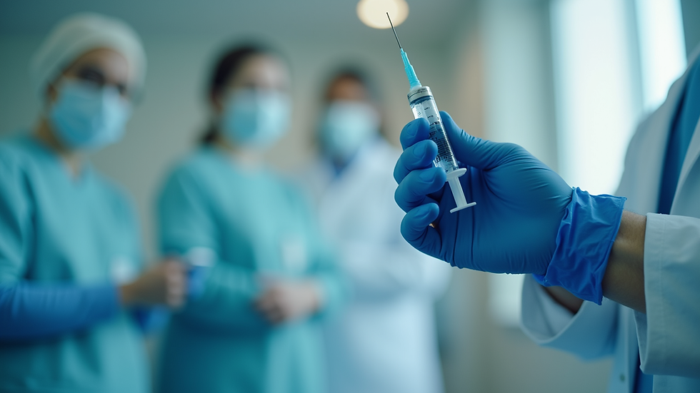 Eye-level view of a medical professional preparing a flu vaccination syringe