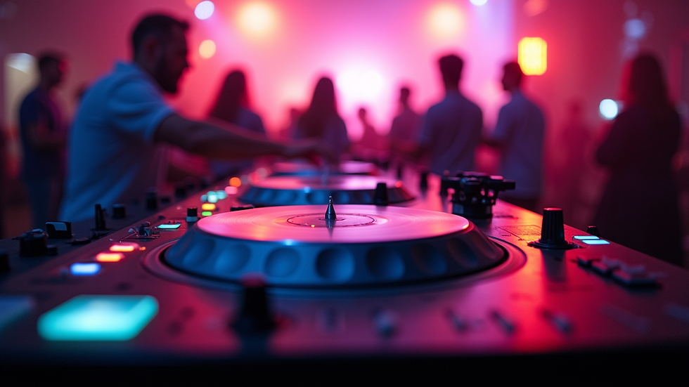 Eye-level view of DJ turntables and mixer at a vibrant event