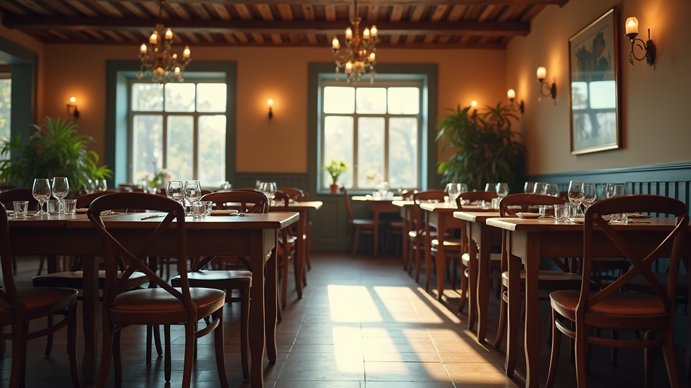 High angle view of a charming hotel dining room with rustic wooden tables and soft natural light