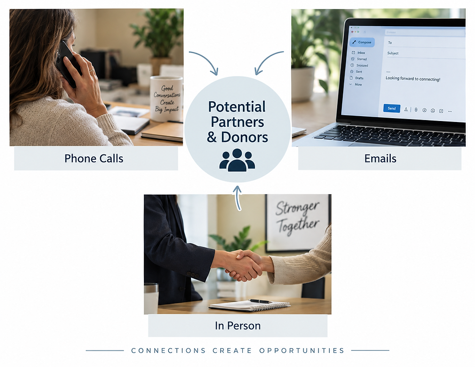 Landscape graphic showing phone calls, emails, and in-person connections around a central Potential Partners & Donors circle