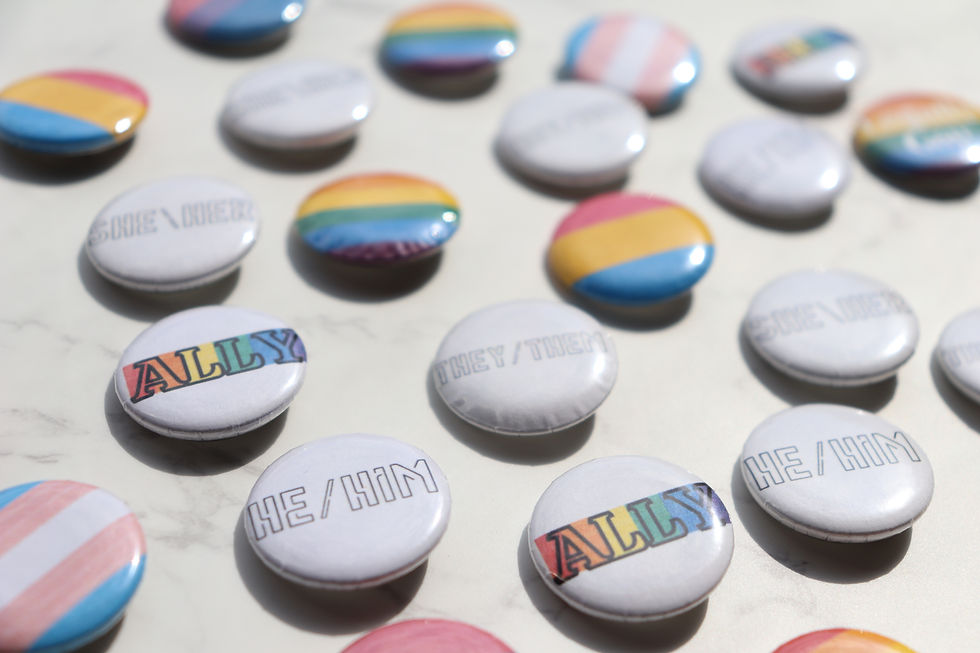 Thumbnail: Pride buttons: Ally, He/Him, LGBTQIA+