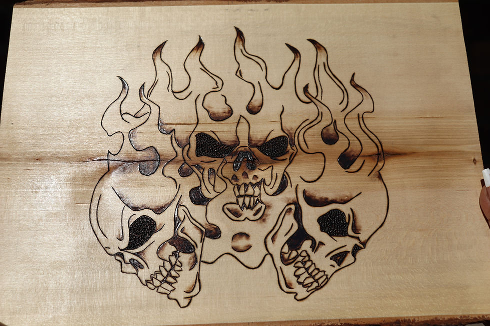 Thumbnail: Fiery skull woodburning art print