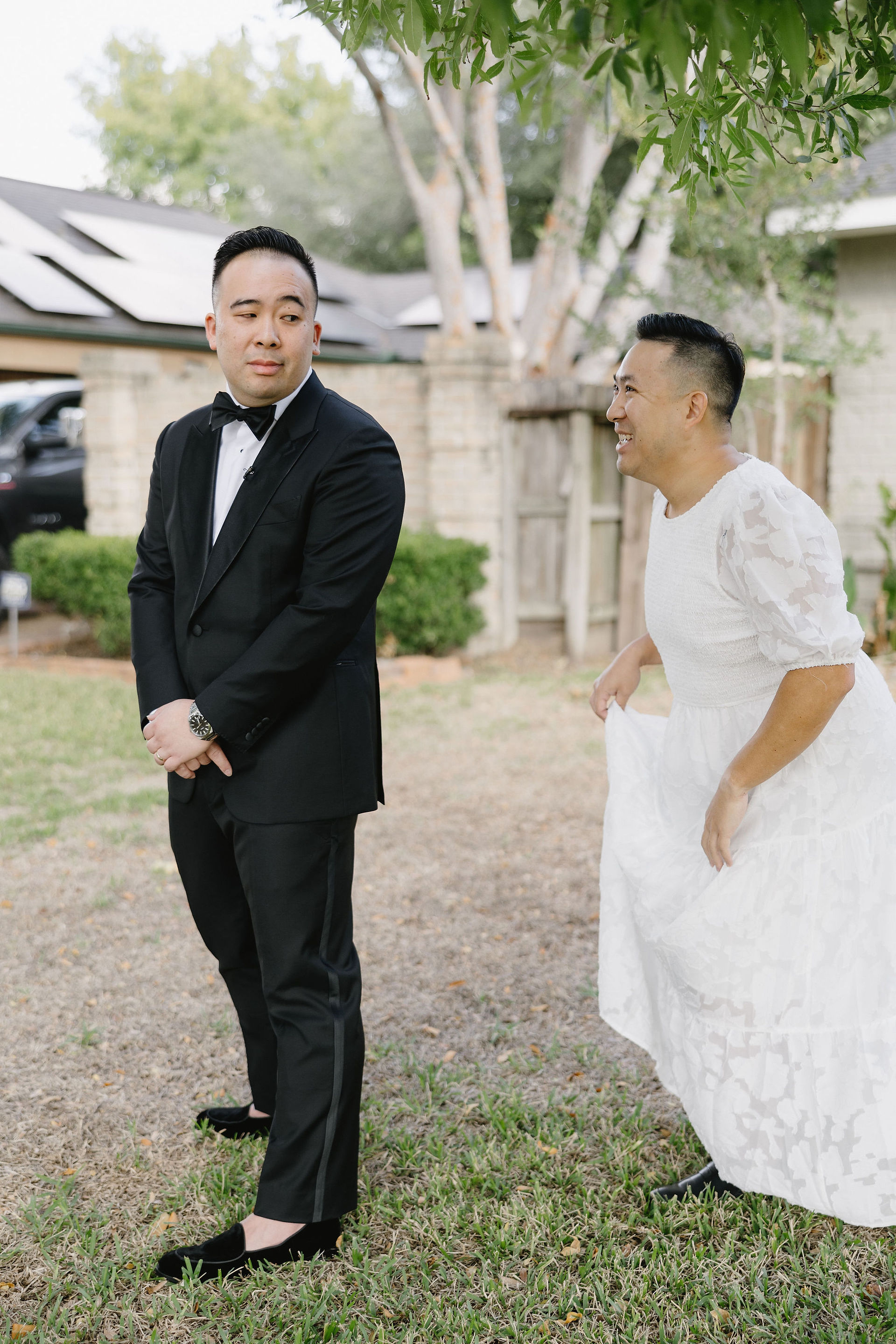 Faux first look with groom and groomsmen