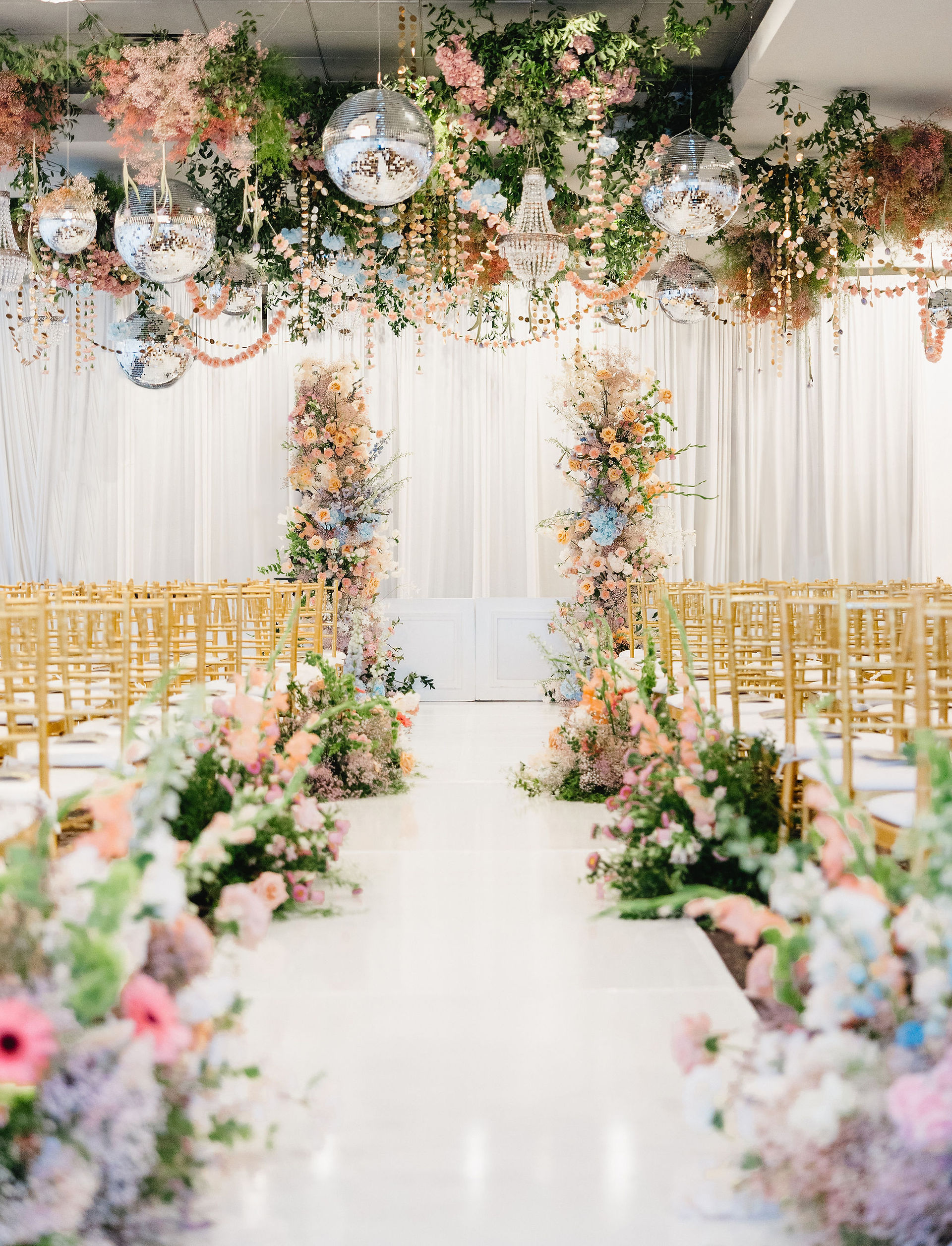 wedding ceremony decor with colorful pastel color palette